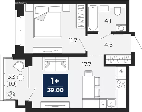 1-комнатная квартира: Тюмень, проезд Капитана Куликова, 7 (41.3 м)
