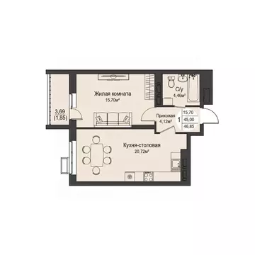 1-к кв. Орловская область, Орел ул. Кузнецова, 1 (46.85 м)