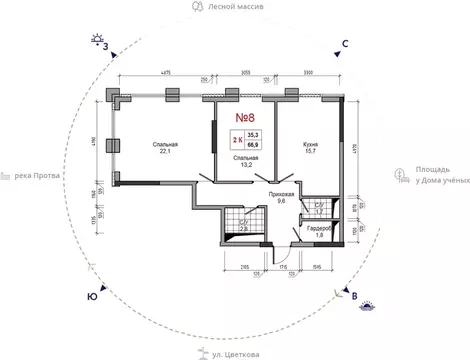 2-к кв. Калужская область, Обнинск ул. Усачева (66.9 м)