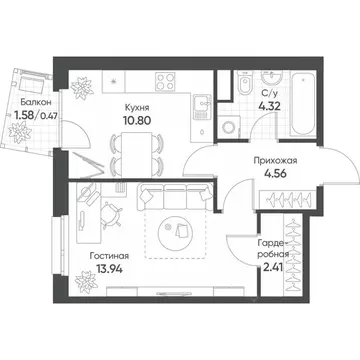 1-к кв. Татарстан, Казань Счастье в Казани жилой комплекс (36.5 м)
