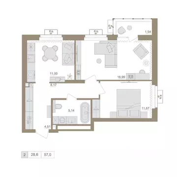 2-к кв. Башкортостан, Уфа бул. Яркий (56.31 м)