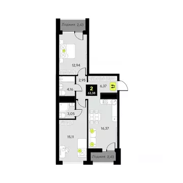 2-к кв. Тюменская область, Тюмень ул. Андрея Приказнова, 1 (63.38 м)