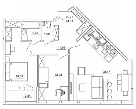 2-к кв. Рязанская область, Рязань ул. Земнухова (74.87 м)