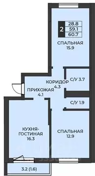 2-к кв. Оренбургская область, Оренбург Гранд Парк жилой комплекс (60.7 ...