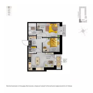 3-к кв. Пермский край, Пермь Вышка II мкр, Ветлан жилой комплекс (61.6 ...