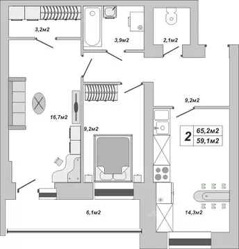 2-к кв. Тамбовская область, Тамбов ул. Чичерина, 7/1к3 (65.2 м)