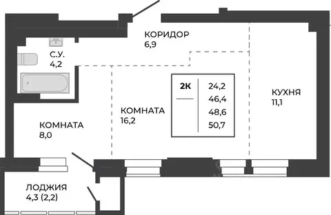 2-к кв. Алтайский край, Барнаул тракт Павловский, 251Б (48.6 м)