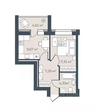 1-к кв. Воронежская область, Богучар Рябиновый жилой комплекс (37.25 ...