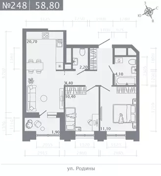 2-к кв. Татарстан, Казань ул. Родины, 27Б (58.8 м)