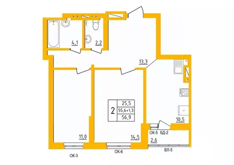 2-к кв. Башкортостан, Уфа ул. имени Фронтовых Бригад, 15/2 (56.5 м)