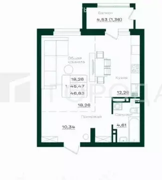 Квартира-студия: Барнаул, проспект Строителей, 18к1 (46.8 м)