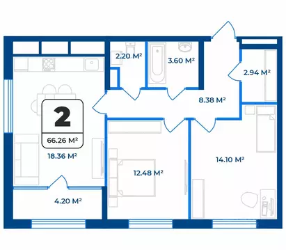 2-к кв. Рязанская область, Рязань Телецентр жилрайон,  (66.26 м)
