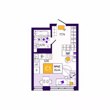 Студия Тульская область, Тула Все и Сразу жилой комплекс (26.44 м)