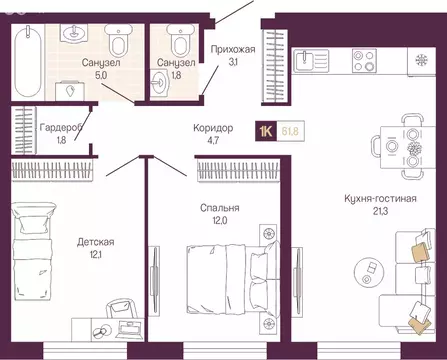 2-комнатная квартира: Нижний Новгород, Нижегородский район (61.8 м)