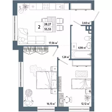 2-к кв. Башкортостан, Уфа 42-й кв-л,  (55.73 м)
