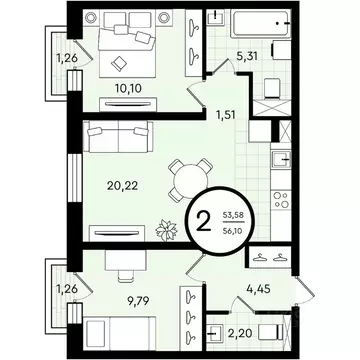 2-к кв. Тюменская область, Тюмень ул. Александра Звягина, 2 (56.1 м)