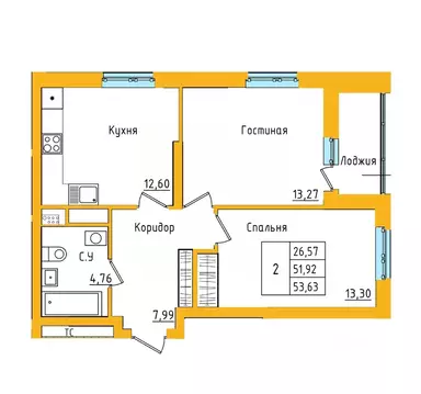 2-к кв. Башкортостан, Уфа ул. Валерия Лесунова, 18 (53.63 м)