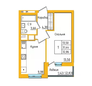 1-к кв. Башкортостан, Уфа ул. Валерия Лесунова, 18 (32.73 м)