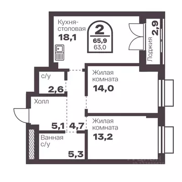 2-к кв. Челябинская область, Челябинск просп. Ленина, 19В (63.0 м)