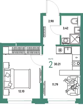 2-к кв. Тюменская область, Тюмень ул. 50 лет Октября, 61к1 (30.21 м)