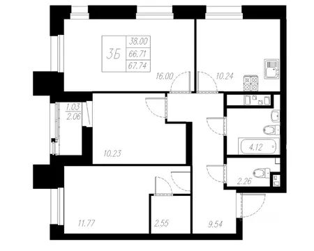3-к кв. Татарстан, Казань Статный жилой комплекс, 2 (67.74 м)