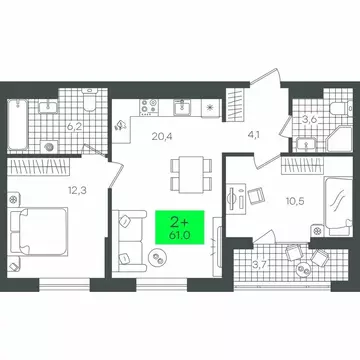 2-комнатная квартира: Тюмень, улица Василия Малкова, 3 (61.08 м)