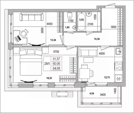 2-к кв. Белгородская область, Белгород Славянская ул. (64.78 м)