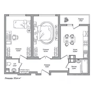 2-к кв. Ярославская область, Ярославль 2-й мкр,  (59.64 м)