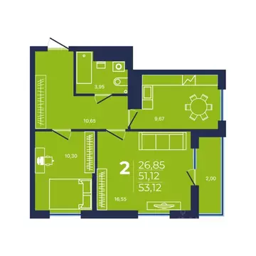 2-к кв. Башкортостан, Уфа ул. Майора Доставалова, 1 (53.12 м)