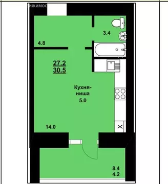 Квартира-студия: Чигири, улица Василенко, 7 (30.4 м)