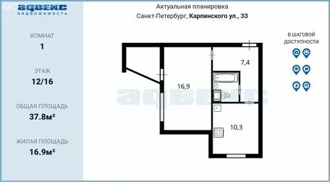 1-комнатная квартира: Санкт-Петербург, улица Карпинского, 33к1 (37.8 ...