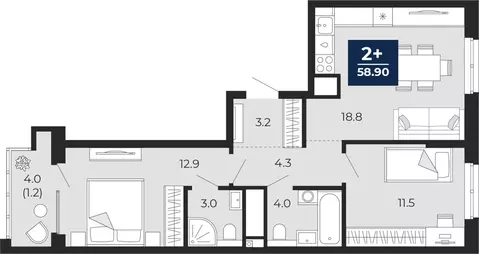 2-комнатная квартира: Тюмень, проезд Капитана Куликова, 5 (58.9 м)
