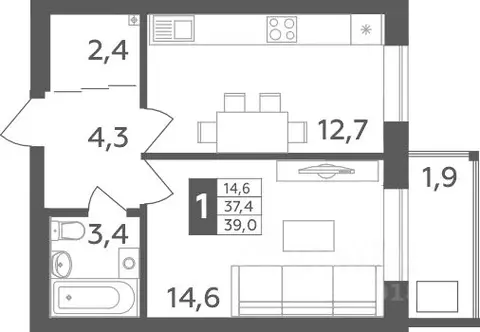 1-к кв. Башкортостан, Уфа ул. Орджоникидзе, 34 (39.0 м)
