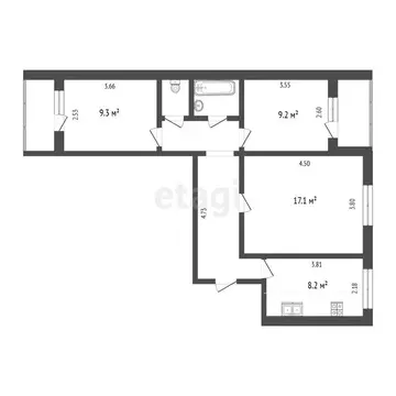 3-комнатная квартира: Тюмень, Мельничная улица, 5 (58.2 м)