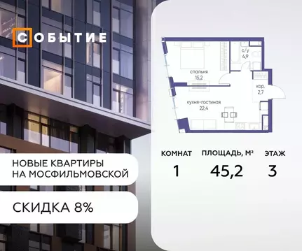 1-к кв. Москва Кинематографический кв-л, Событие жилой комплекс (45.2 ...