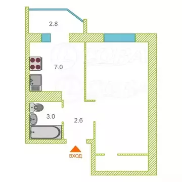 1-комнатная квартира: Тюмень, улица Алексея Леонова, 34 (29.9 м)