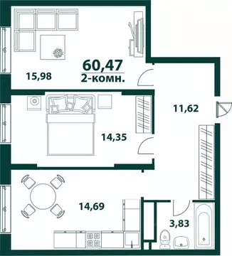 2-к кв. Ульяновская область, Ульяновск 19-й мкр, Аквамарин-2 жилой ...