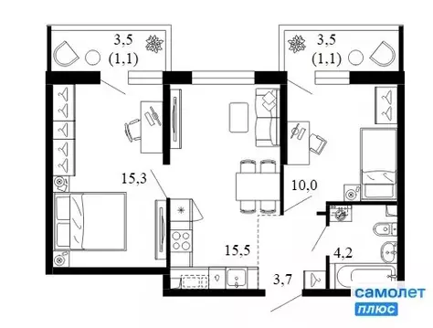 2-комнатная квартира: Сочи, площадь Флага (50.9 м)