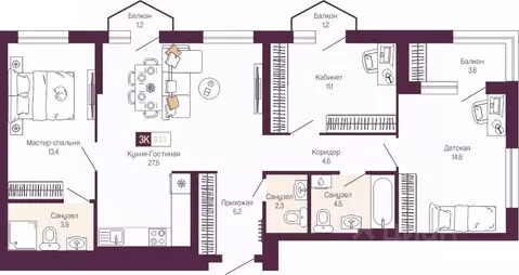 3-к кв. Нижегородская область, Нижний Новгород ул. Тургенева (89.7 м)