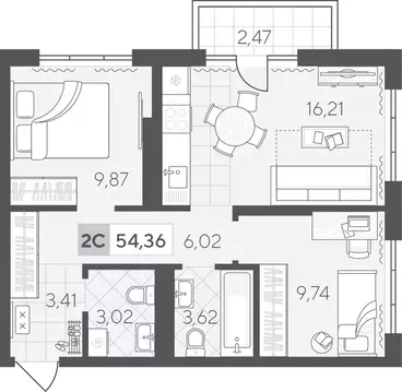 2-комнатная квартира: Тюмень, улица Василия Малкова, 12 (54.36 м)