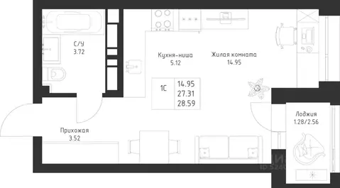 Студия Татарстан, Казань Седьмое Небо жилрайон,  (28.59 м)