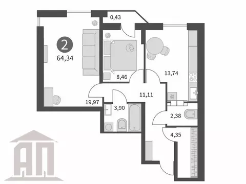 2-комнатная квартира: Тверь, жилой комплекс Урбан Парк (64 м)