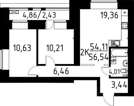 2-к кв. Томская область, Томск ул. Вершинина, 58к2 (56.54 м)