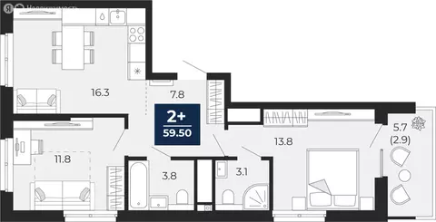 2-комнатная квартира: Тюмень, улица Тимофея Чаркова, 77 (62.3 м)