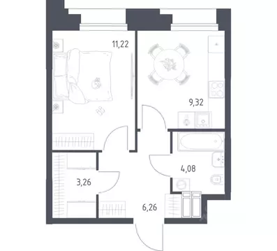 Квартира, 1 комната, 34.14 м