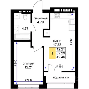 1-к кв. Калининградская область, Гурьевск Включи жилой комплекс (42.46 ...