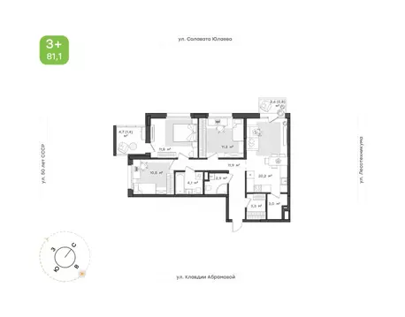 3-к кв. Башкортостан, Уфа Бионика Парк жилой комплекс, 1 (81.1 м)