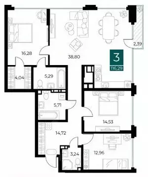 3-к кв. Рязанская область, Рязань Арт Кварталы жилой комплекс (116.29 ...