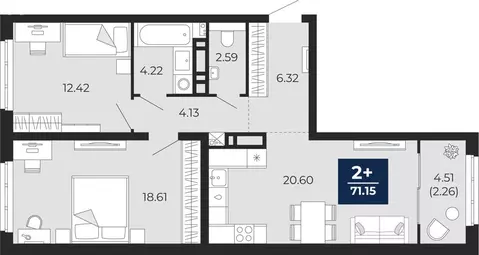 2-комнатная квартира: Тюмень, Камчатская улица, 107к1 (73.4 м)