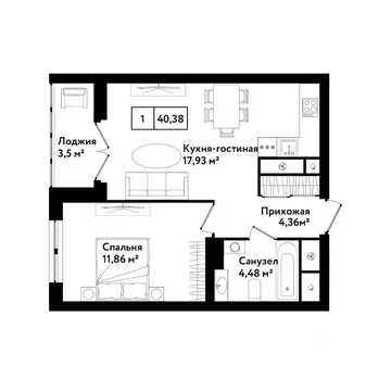 1-к кв. Тульская область, Тула ул. Седова, 26к1 (44.5 м)